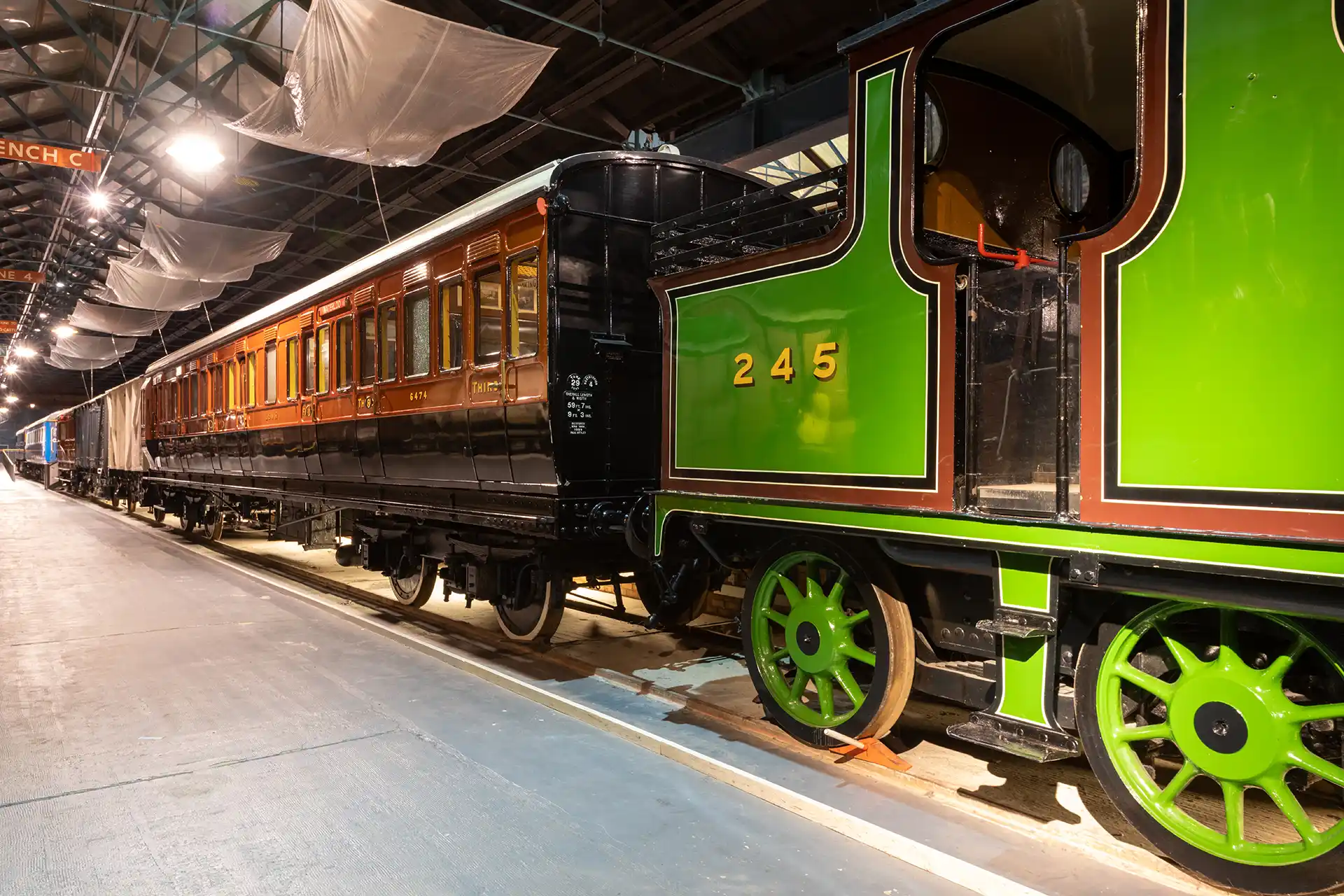 Historic locomotive on display at the National Railway Museum in York, showcasing vintage train design and engineering, near Paradise Lakeside Lodges.